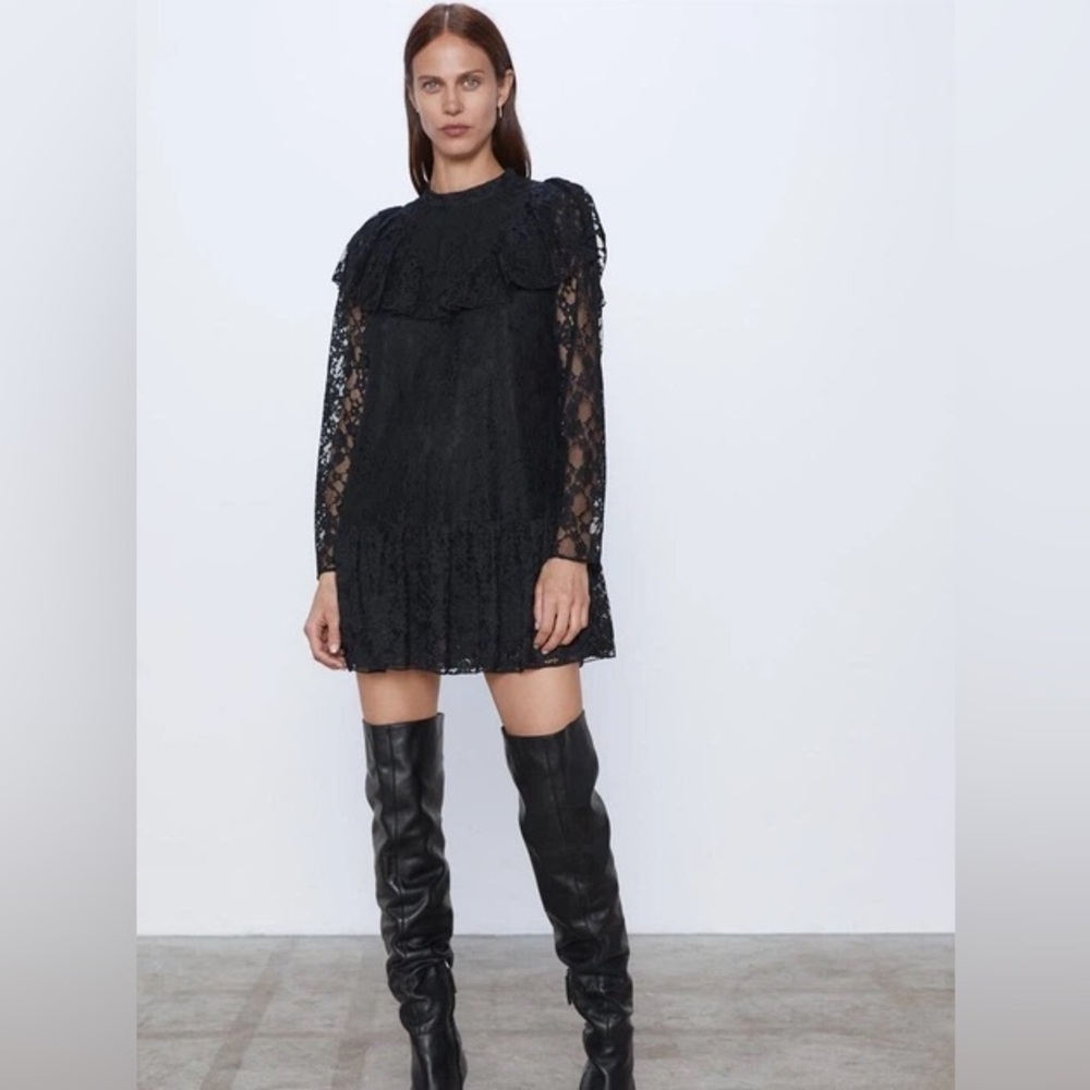 Zara Stella black lace long-sleeved romper dress with a ruffle bib size M